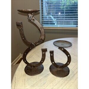 2 Rustic Horseshoe Pillar Iron Candleholders 7”T, 13”T Heavyweight Western Decor